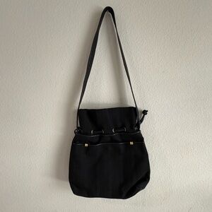 Americana by Sharif handbag bucket drawstring purse black leather trim. EUC.